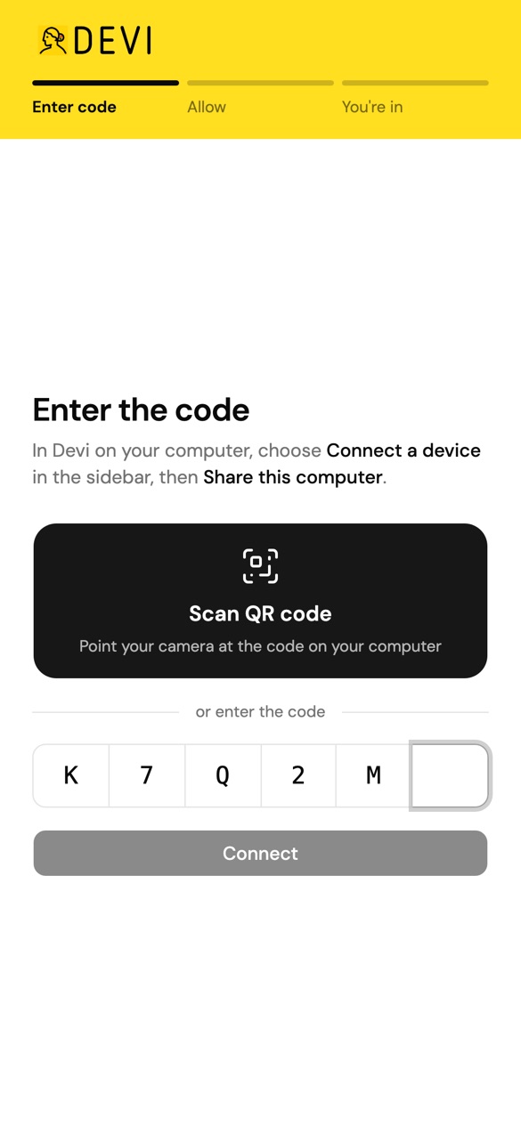 Entering the Devi connection code on a phone