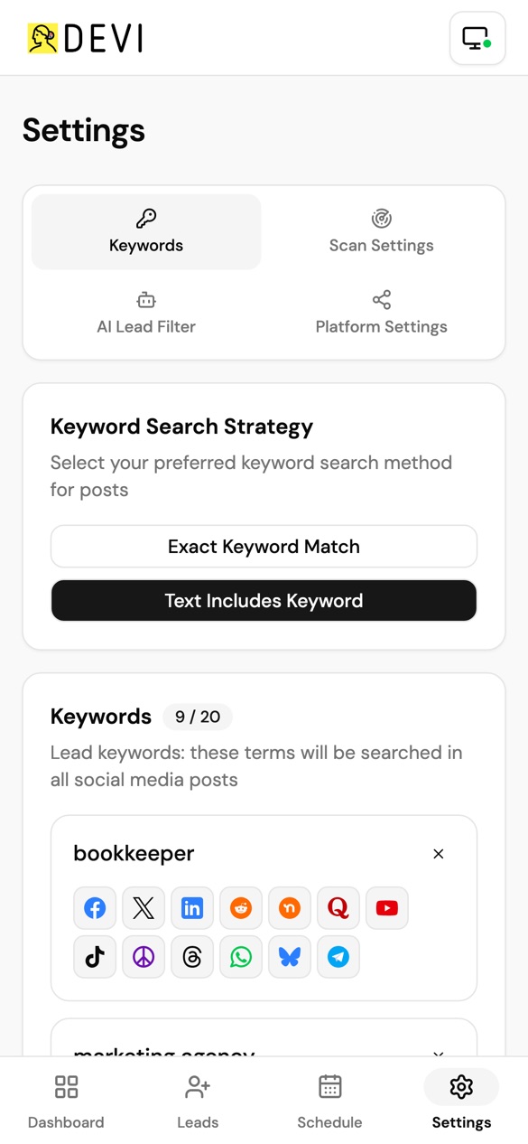 Devi keyword settings on a phone